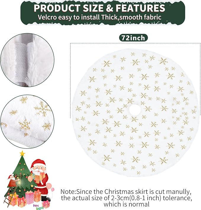 Christmas Tree Skirts - Vonhen 72 inches Large Faux Fur Christmas Tree Skirt for Merry Christmas Party Christmas Tree Decoration with Sequin Gold Snowflakes