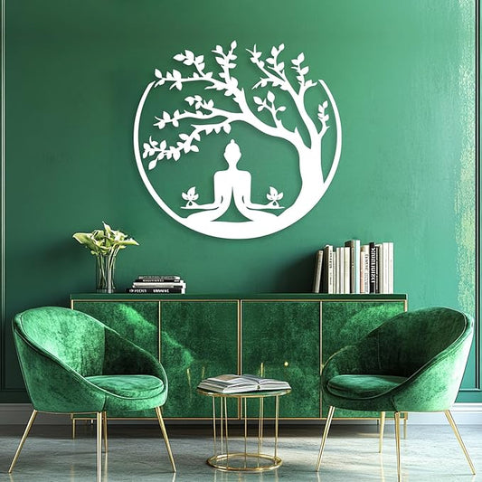 Buddha Tree of Life Metal Wall Decor, Metal Buddha Wall Art, Tree Metal Wall Decor, Tree of Life Wall Art, Zen Meditation Wall Art, Spiritual Wall Decor for Living Room, Home Decor (White, 28"x26" | 70x67cm)