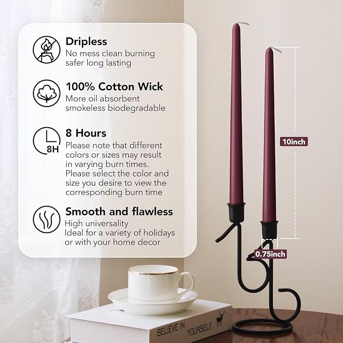 10-Inch Tall Unscented Dripless Taper Candles Bulk 30 Pack - Burgundy Taper Candles Bulk, Perfect for Wedding, Dinner - Smokeless, 6-8 Hour Long Burning - Colored Candlesticks Bulk - Burgundy