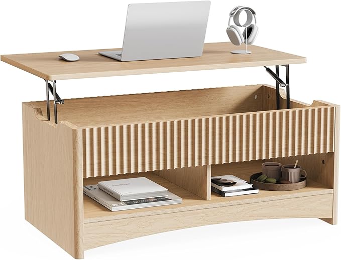 Marsail Lift Top Coffee Table with Open & Hidden Storage, Modern Fluted Coffee Table with Smooth Lift Mechanism, Sturdy Space-Saving Center Table for Home Living Room, Office, Natural Oak