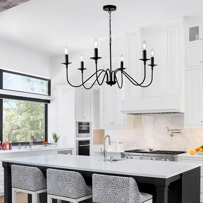 Black Farmhouse Chandeliers, 6 Light S-Arm Modern Candle Hanging Pendant Light, Industrial Rustic Metal Ceiling Kitchen Island Light for Living Room, Entryway, Foyer, Bedroom, Dining Room
