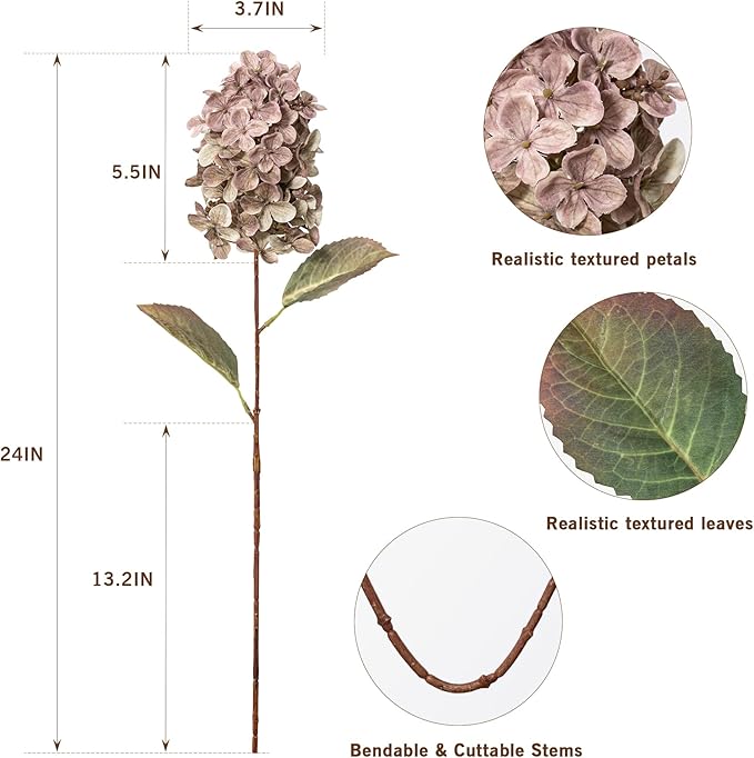 Fake Flowers Hydrangea Silk Flowers With Stems White Flowers Fake Flowers In Vase Hydrangea Artificial Flowers Winter Flowers Artificial For Decoration Vase Decor 24"（Brown ）8PCS Wthout Vase