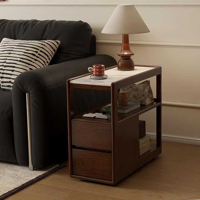 100% Solid Wood Side Table with Wheels, Narrow Side Table with Storage Drawers, Rolling Bedside Table for Bedroom Living Room Space Saving (Walnut, 11.81" D x 26.77" W x 23.23" H)