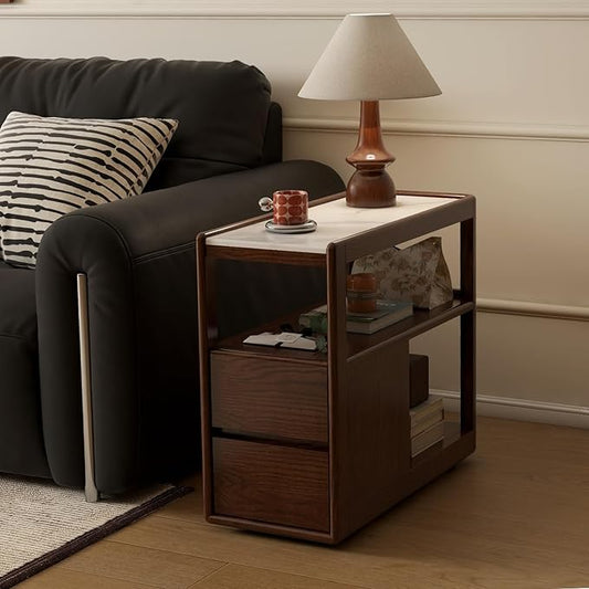 100% Solid Wood Side Table with Wheels, Narrow Side Table with Storage Drawers, Rolling Bedside Table for Bedroom Living Room Space Saving (Walnut, 11.81" D x 26.77" W x 23.23" H)