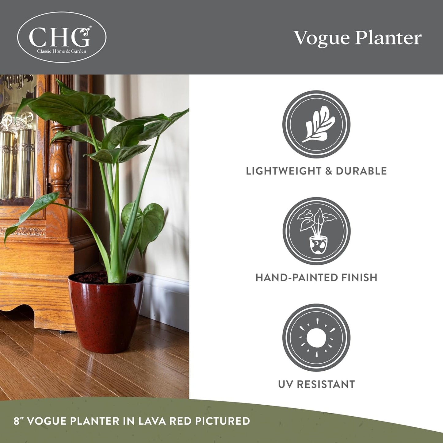Classic Home and Garden Vogue Planter Pots w/Pottery Quality Finish - Modern Indoor & Outdoor Flower Pots - UV-Resistant Porch Planters - Decorative Pot for Flowers & Herbs (8” Lava Red)