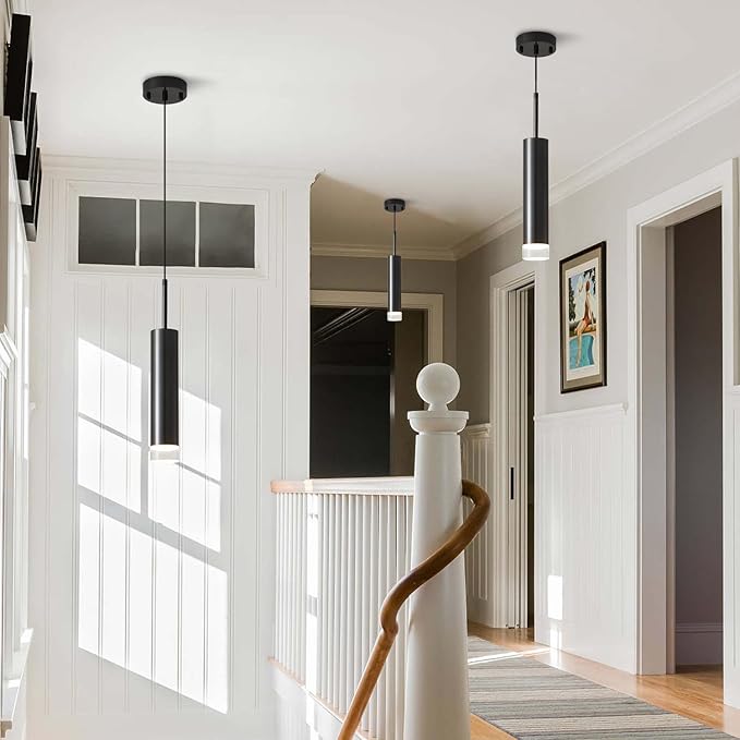 KCO Lighting Mid Century Modern Black Metal LED Pendant Light Nordic Minimalist Cylinder Hanging Kitchen Island Lighting Adjustable Mini Farmhouse Long Tube Dining Pendant Lighting