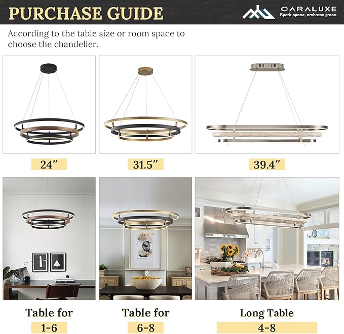 3 Ring LED Chandelier Black Round Chandelier Light Fixture Dimmable Farmhouse Foyer Chandeliers Light Wood-Printed Circular Chandeliers for Dining Room Entry Bedroom Office Living Room 24in