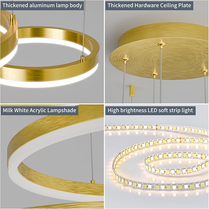 Modern LED Chandelier Light, 4 Ring Gold Pendant Lighting Fixture, Adjustable Hanging Ceiling Lamp for Dining Room, Kitchen Island, Entryway, Living Room, Dimmable Dining Light Over Table