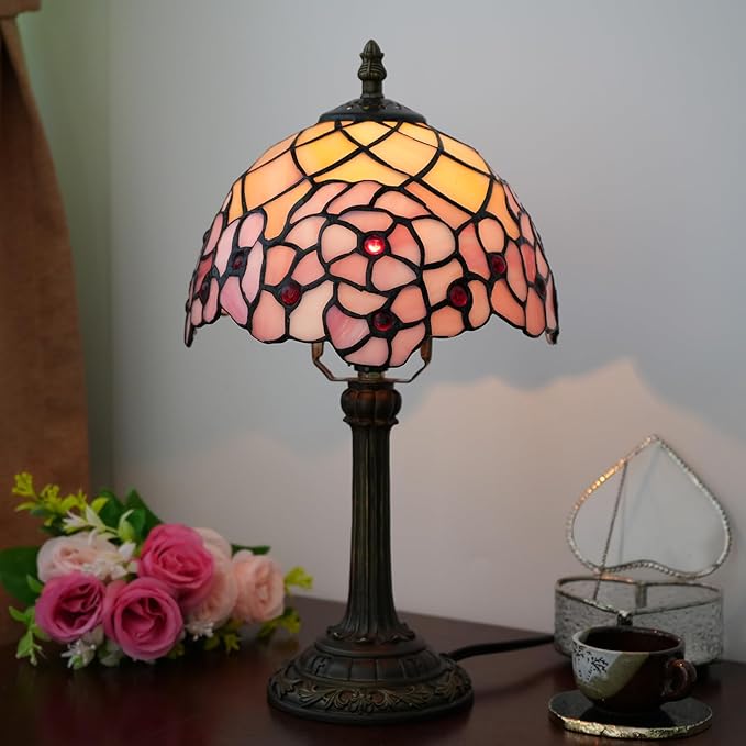Tiffany Lamp Stained Glass Table Lamp 8X8X14 Inches Desk Reading Light Decor Beside Bedroom Living Room Home (H-1055- Cherry Blossom)