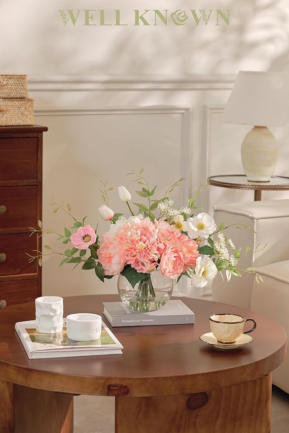 Artificial Flowers in Vase, WELL KNOWN Fake Silk Peony Tulip Hydrangea Pink & White Flower Bouquet Arrangement with Faux Water Centerpieces, Fake Flowers for Home Wedding Dining Table Party Decor Gift