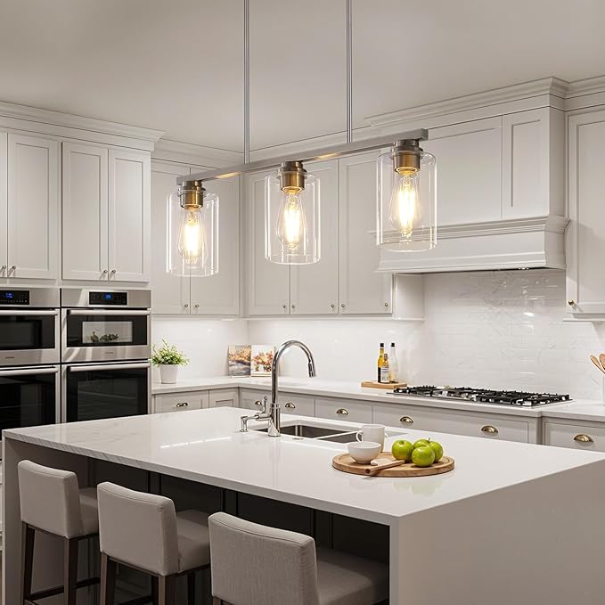Island Light for Kitchen, Brushed Nickel Dining Room Light Fixture Over Table, 3-Light Linear Chandelier Pendant Lighting for Dining Table Kitchen Island Living Room