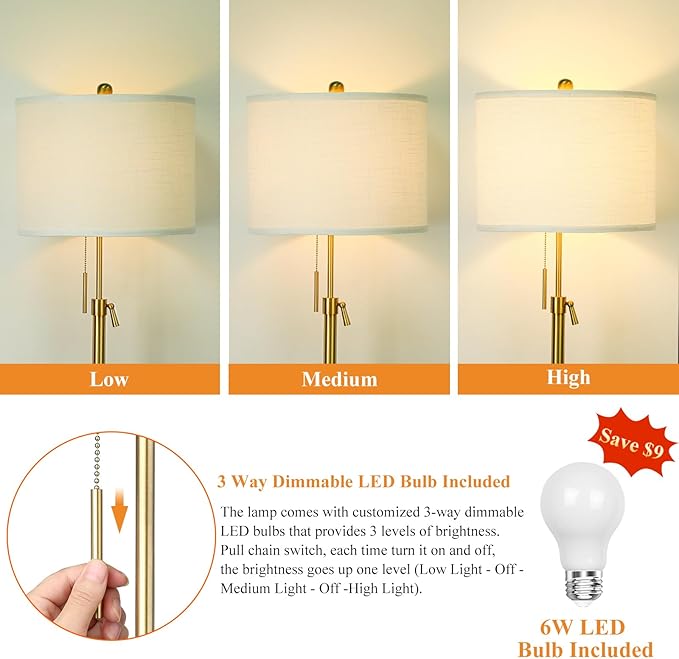 【Upgrade】Gold Floor Lamps for Living Room, 55"-67" Height Adjustable Modern Standing Lamp with Marble Base, Pull Chain Switch, 3-Way Dimmable Tall Pole Lamp for Bedroom Office Reading, Bulb Included