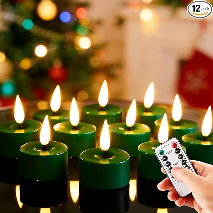 Eywamage Green Christmas LED Tealights with Remote Batteries, Flickering Flameless Tea Lights Votive Candles Set of 12