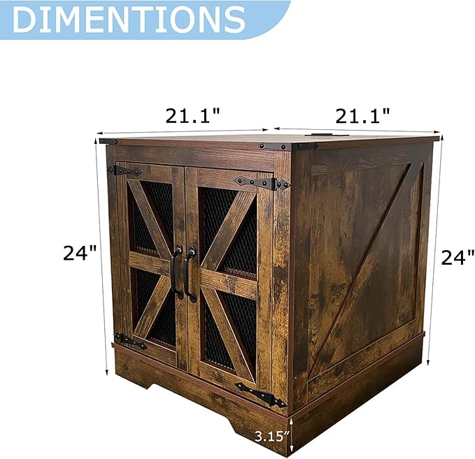 21.1" Farmhouse End Table Set of 2 with Charging Station and Mesh Barn Door, Rustic Wood Nightstand with Storage Shelf for Living Room & Bedroom, Brown