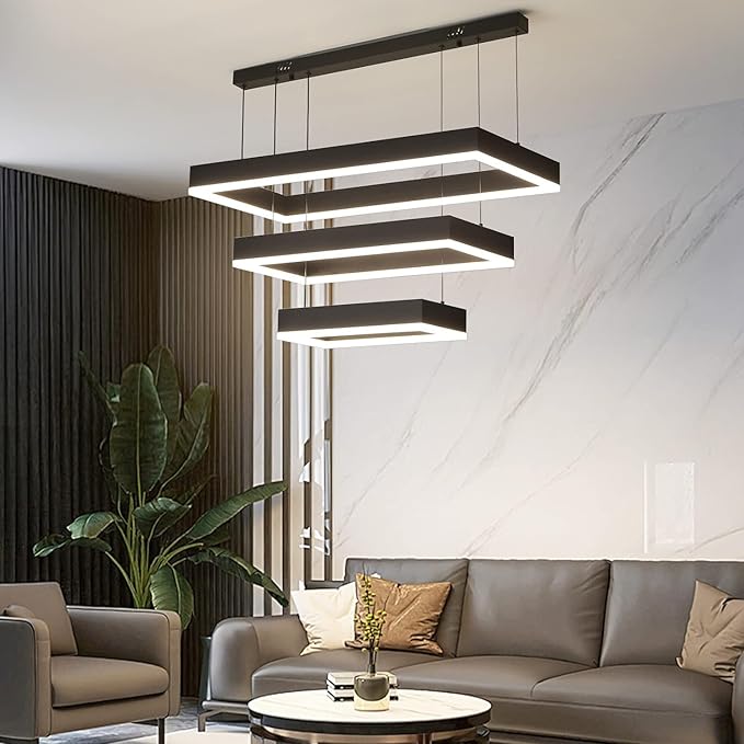 Modern Chandeliers for Living Dining Room, 3-Ring Rectangular LED Chandelier Light Fixture with Remote Control Dimming, Hanging Pendant Light with Adjustable Height, Black
