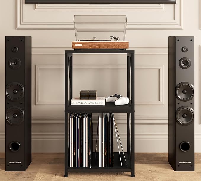 Y&M Record Player Stand, Turntable Stand with Vinyl Record Storage, 3-Tier Record Shelf Display Table for Album CD, Turntable Holder, End Table for Bedroom, Living Room, Office, Black