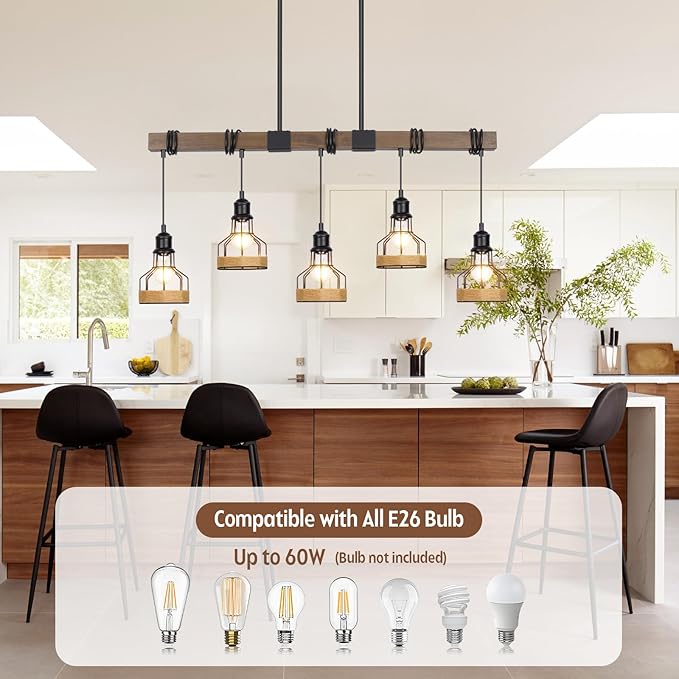 5-Light Dining Room Light Fixture, Rustic Solid Wood Over Table Chandelier, Black Metal Lampshade, Linear Island Light Fixture, 38 Inches x 5.5 Inches x 63 Inches