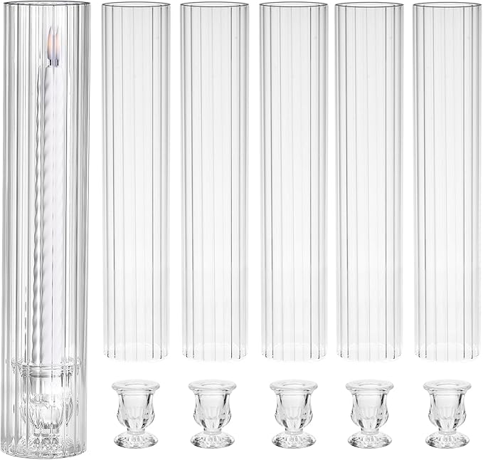 CHILL RECIPE Glass Hurricane Candlestick Holders Ribbed 12" Tall Cylinder Candle Holder Chimney Tube, Floral Taper Crystal Candle Stick Holder for Birthday Wedding Christmas Home Decor(1 Set 6Pcs)