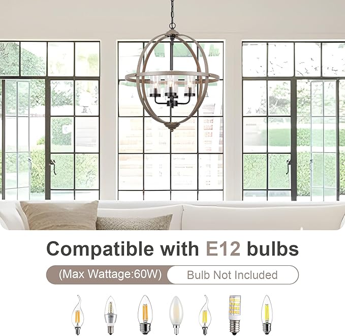 Rustic Chandelier, 20" Wood Finish Hanging Light, 4-Light Globe Vintage Pendant Light Fixture for Living Room, Entryway, Dining Room