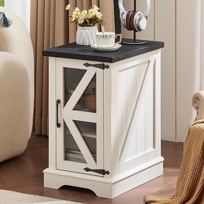 Narrow Night Stand for Small Spaces, Farmhouse Side End Table with Glass Barn Door Storage, Wood Bedside Tables, White Nightstand Cabinet Organizer for Living Room Bedroom