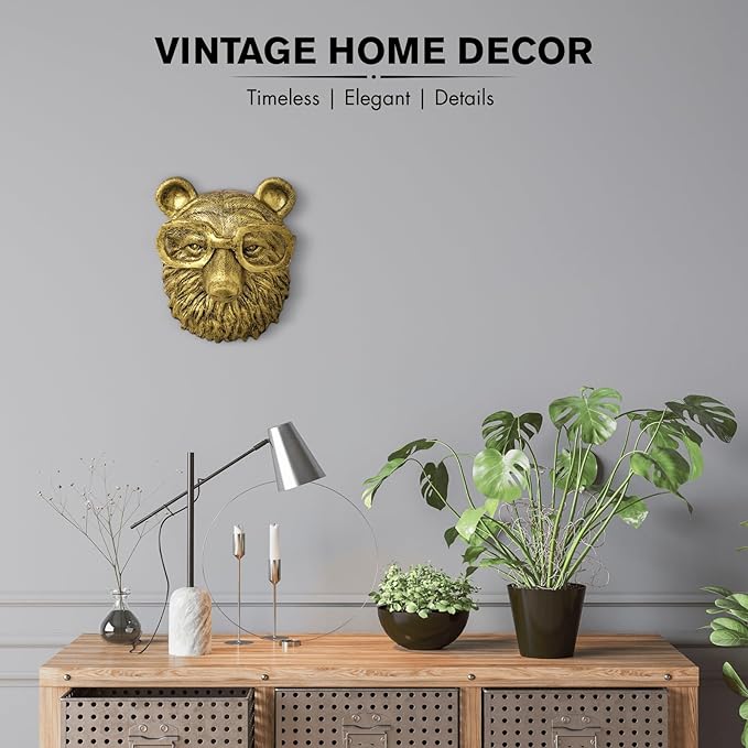 montresor Animal Head Wall Art Sculpture Gold Bear Vintage 3D Wall Decor Art for Whimsigoth Home Wall Decor Lightweight Material Accent Wall Hanging Room Decor for Maximalist Decor (Bear)
