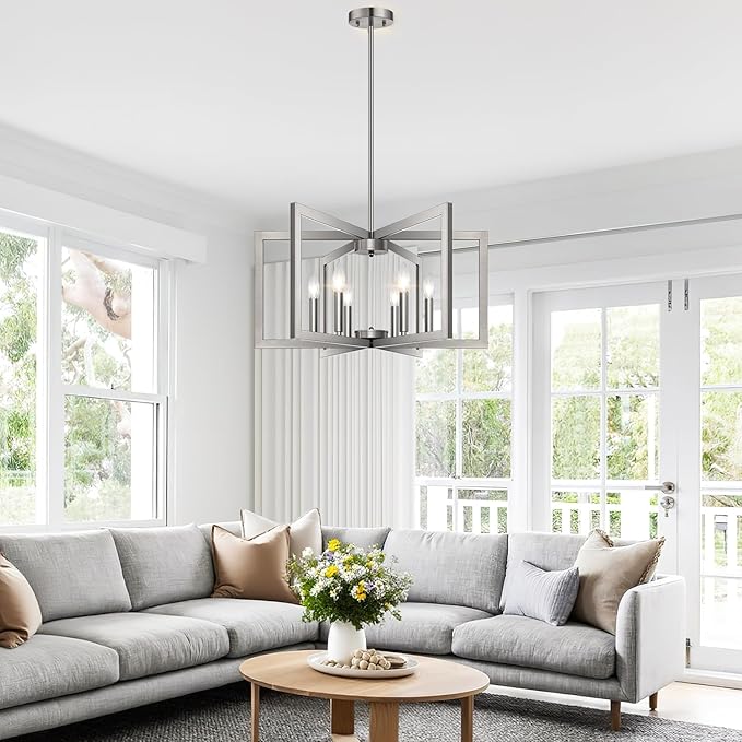 25" Modern Brushed Nickel Chandelier for Dining Room, No Assembly Required Brushed Nickel Dining Room Light Fixture Over Table, Industrial Metal Hanging Pendant Lights Fixture for Kitchen Island