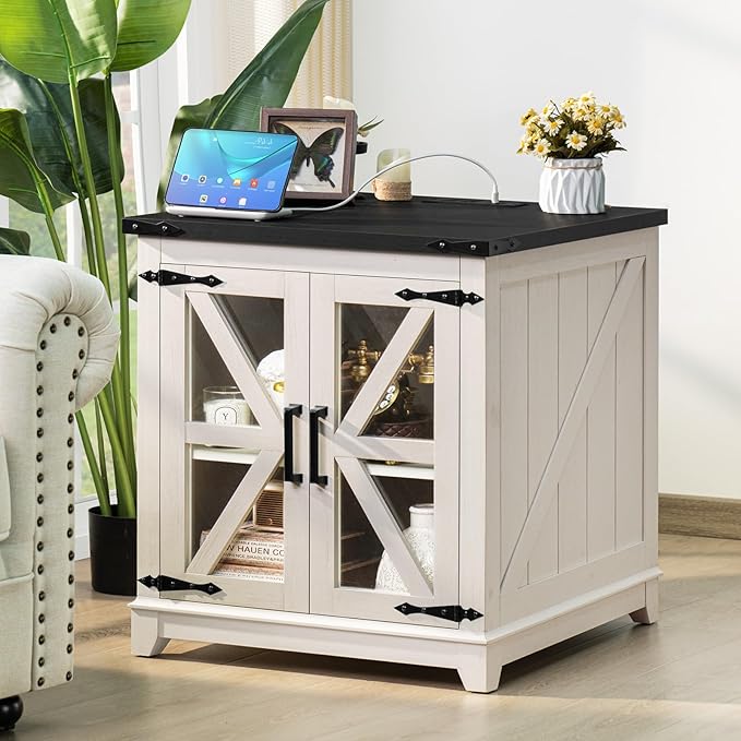 Farmhouse End Table,24" Large Sofa Side Table with Charging Station Glass Barn Door,Wood Nightstand with Adjustable Storage Shelf,Square Bedside Table for Living Room,Bedroom,Office-White