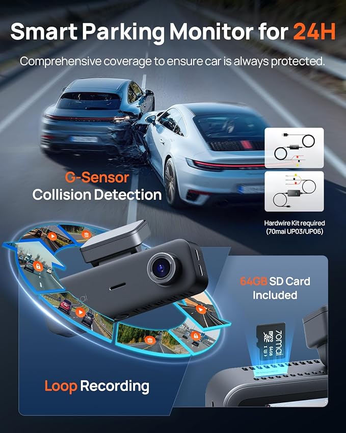70mai 4K Dash Cam Front and Rear Inside, 3 Channel Car Dash Camera for Cars, Dashcam with GPS, Wi-Fi 6, Voice Control, Parking Monitor, Night Vision, Loop Recording, 64GB SD Card Included (T800E)