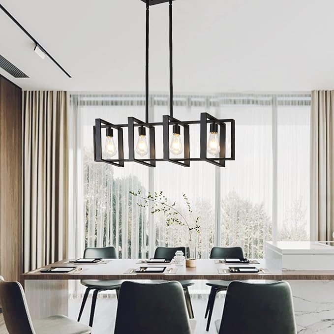 Farmhouse Rectangle Chandeliers for Dining Rooms, 31.5 INCH Modern Linear Hanging Light Fixture Matte Black 4-Light Industrial Pendant Lighting for Kitchen Island