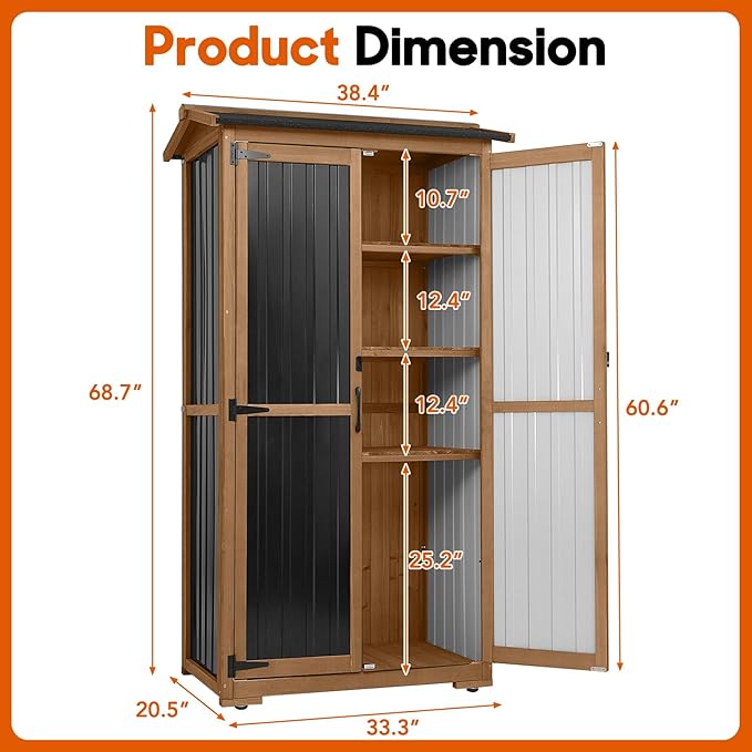 Outdoor Storage Cabinet, Wood & Metal Storage Shed with Weatherproof Roof, 3 Removable Shelves, Lockable Door, Adjustable Feet, Outside Storage Cabinet for Patio