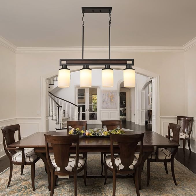 Farmhouse Dining Room Light Fixture, 4-Light Wood Kitchen Island Lighting for Dining Room Over Table, Black Adjustable Pendant Light with Milk Glass Shades, Linear Chandeliers Lighting for Kitchen
