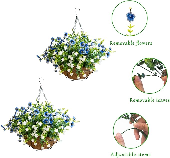 Artificial Hanging Plants Flowers with Basket 2 Packs, Artificial Hanging Flowers for Outdoors, Faux Hanging Plants Outdoor, White+Blue