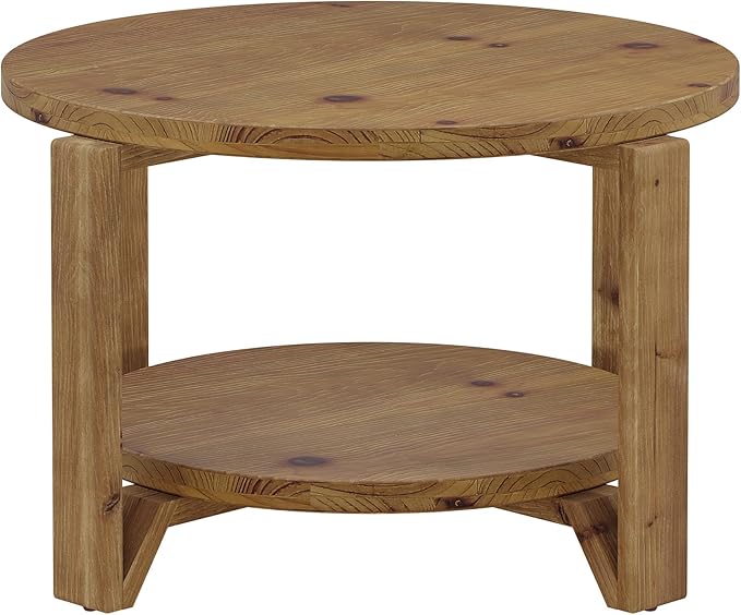 Tribesigns 30" Solid Wood Coffee Table, Round Small Coffee Table with 2-Tier Storage for Living Room, Farmhouse Brown Round Solid Wood Accent, Circle Center Furniture with Natural Texture Design