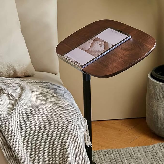 Modern Minimalist C Shaped Side Table, Wooden Sofa Table with Adjustable Height and Swivel Top, Laptop Desk for Living Room, Bedroom, Study and Small Spaces, Walnut Wood
