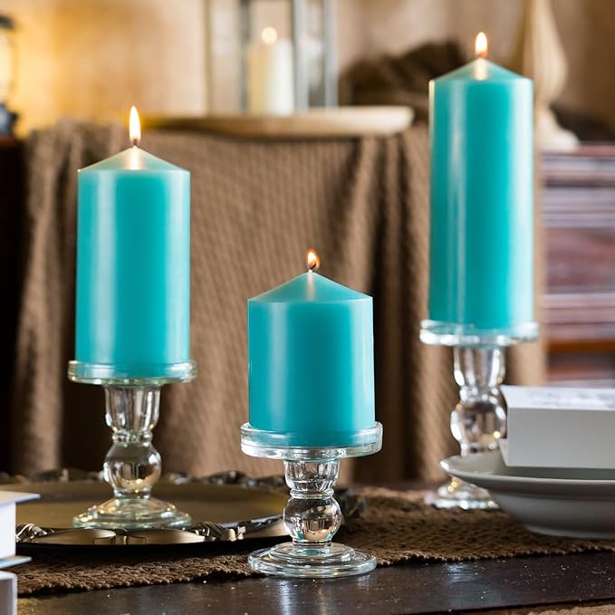 MOZEAL 3" x 4" Hand-Poured Unscented Turquoise Pillar Candles,Dripless Candles Set of 3,Smokeless,Clean Burning,Approx 60 Hours Burn Time,Wedding,Dinner and Home Decor（3 Inch Width Series） Teal