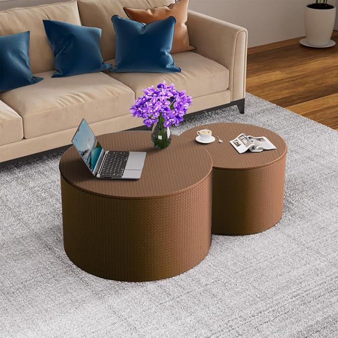 Nesting Coffee Table Set of 2 Modern Round Coffee Table with Hidden Storage Round Side Table Drum Accent End Tables for Living Room, Bedroom (Brown)