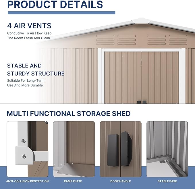 Kullavik 8FT x 6FT Outdoor Storage Shed with Floor and Lockable Doors,Waterproof Metal Garden Tool Shed,Galvanized Steel shed for Backyard,Garden,Patio