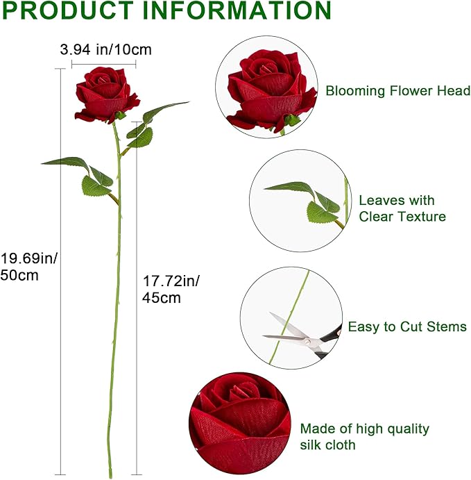 19.6" Artificial Flowers Roses Touch Fake Rose Bouquet Flower Stem for Wedding Centerpieces DIY Wreath Home Decorations Silk Roses Mothers Party Fake Outdoor Flowers Decor(50PCS Red)