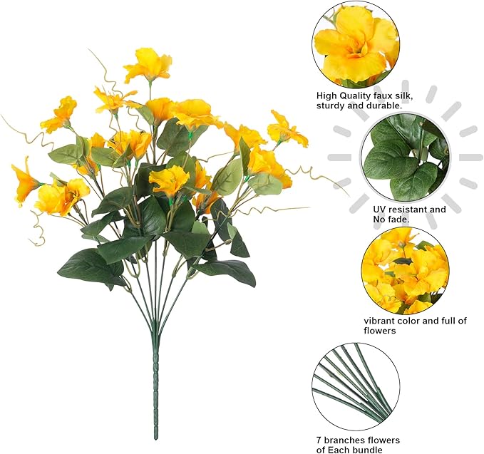Hibiscus Artificial Flowers Plants for Outdoors Decoration, 6 Bundles Silk Hibiscus Tropical Flowers Artificial Realistic UV Resistant Fake Flower for Outside Planter Porch Patio Balcony, Yellow