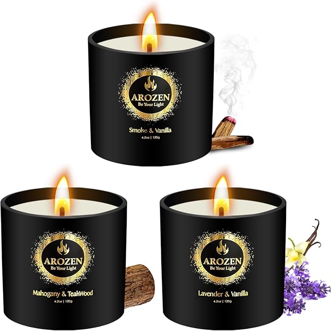 Christmas Candles, 3 Pack Scented Candle for Men, Soy Holiday Gifts Set, Aromatherapy Black Candles for Home Scented, Gifts for Men, Scent of Lavender, Mahogany Teakwood & Smoke Vanilla, 70H