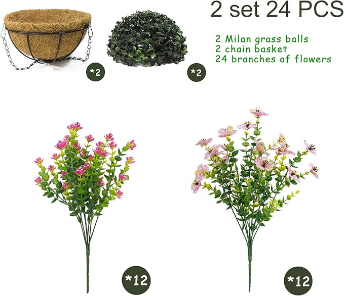 Artificial Hanging Plants Flowers with Basket 2 Packs, Artificial Hanging Flowers for Outdoors, Faux Hanging Plants Outdoor, Pink Fake Flowers, Pink&Pink