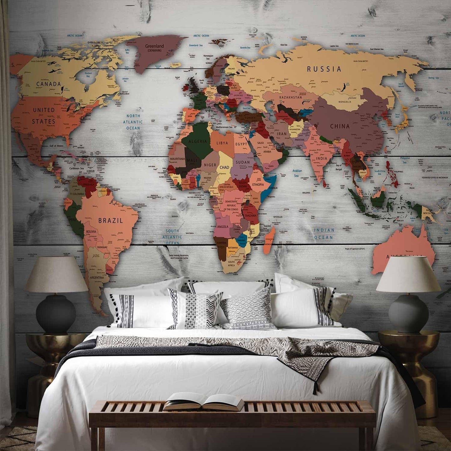 artgeist Premium Wall Mural World Map 118x83 in - XXL Non-Woven Wallpaper Fleece Wall Decor Photo Print Picture Image Design Home Map of The World k-B-0009-a-c