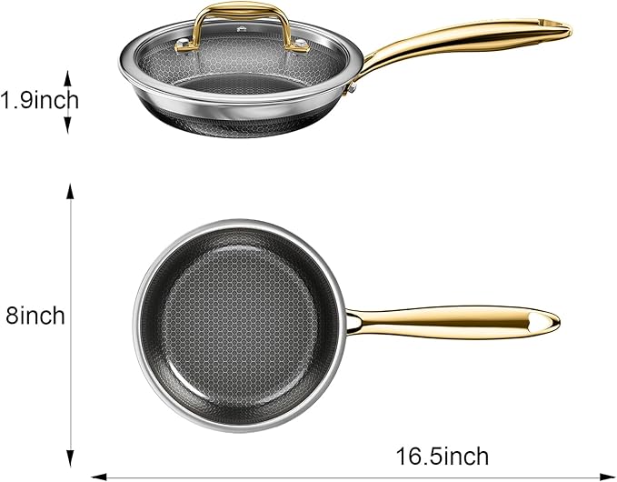 Fogdream 8” Non Stick Frying Pans, Stainless Steel Skillet with Lid, Tri-Ply Stainless Steel for All Cooktops, Dishwasher and Oven-Safe Cooking Pan, Stay-Cool Handle, Gold