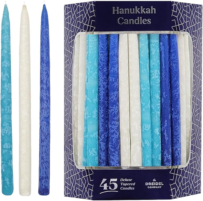 The Dreidel Company Dripless Chanukah Hanukkah Candles Decorative Dark Blue, White with Frosted Stripes, 45 Candles (2-Pack)