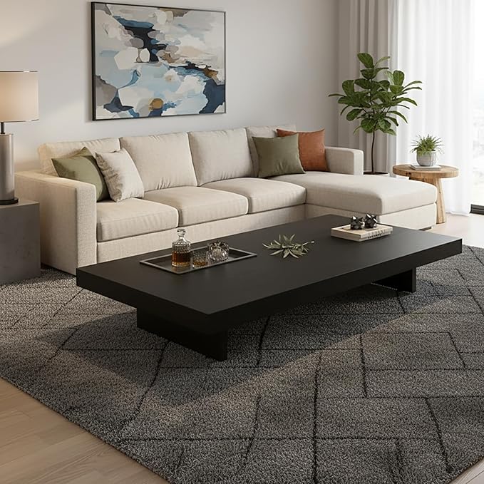 Modern Rectangular Coffee Table for Living Room, Low Profile Wood Center Table with 2" Thick Tabletop & Optional Storage Tray, Sturdy Minimalist Design (31.5"/39.4" Black/Walnut)