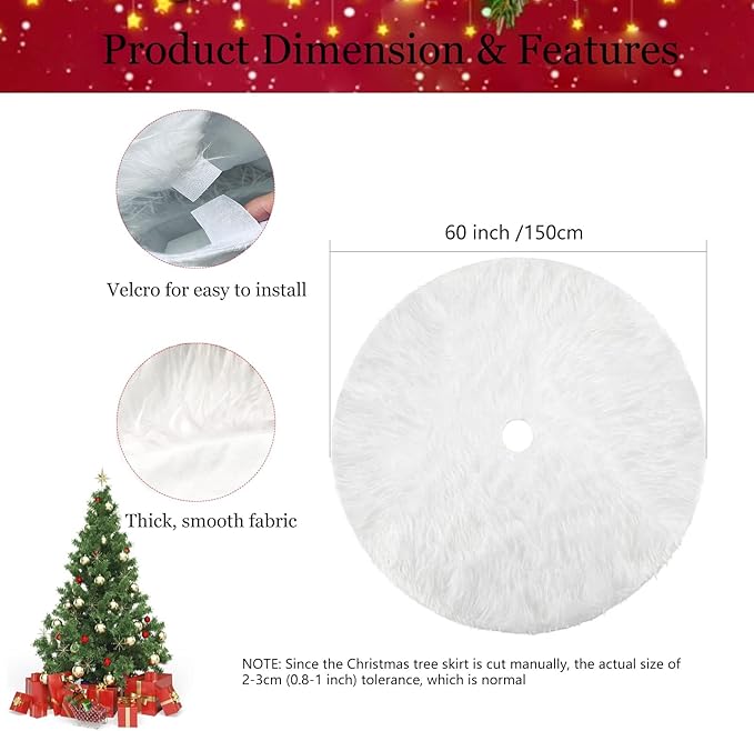 60 Inch Christmas Tree Skirt, Extra Large Thick Faux Fur, White Plush Velvet for Merry Christmas Party Decor
