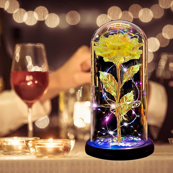 Christmas Rose Gifts for Women Mom, Womens gifts for Christmas, Glass Flower Gifts for Sister, Rose Enchanted Crystal Flower Gift Light Up in Glass Dome,Birthday Gift for Women Wife Yellow Gold