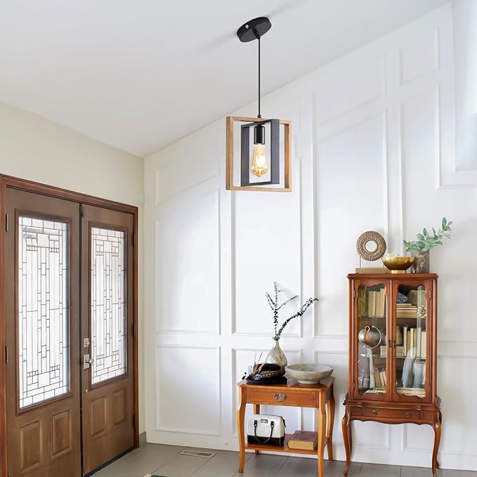 3 Pack Farmhouse Pendant Light Fixture, Black Kitchen Island Pendant Lights, Industrial Metal and Vintage Wood Hanging Light, Adjustable Height Rustic Ceiling Lamp for Entryway, Dining Room, Foyer