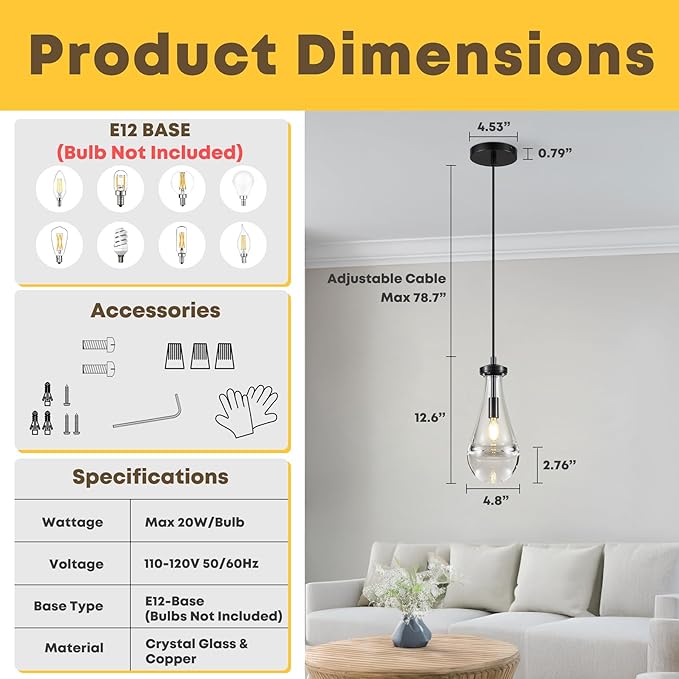 2 Pack Pendant Light for Kitchen Island, Raindrop Black Modern Crystal Glass Pendant Lights, Pendant Lights in Kitchen Island, E12 Bulb Indoor Island Pendant Lights,for Dining Room,Living Room