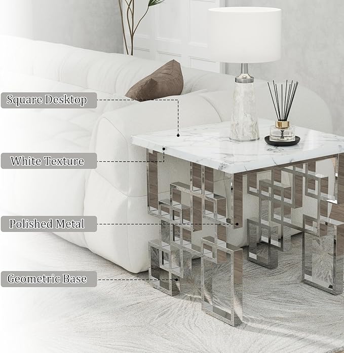 AUZ Silver End Table Set of 2, Luxury White Faux Marble Living Room Side Table with Mirrored Silver Metal Geometric Base